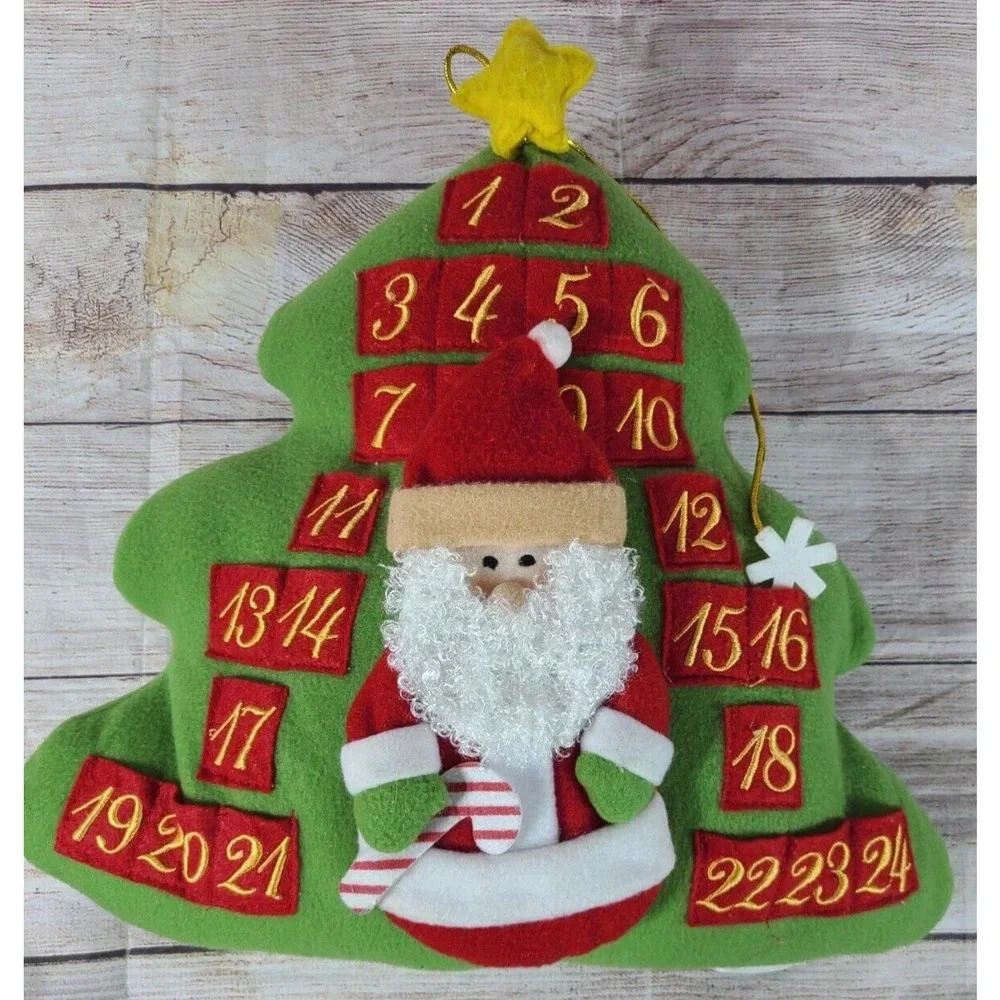 Vintage Puffy Plush Advent Christmas Tree Calendar Red Green Santa 14"